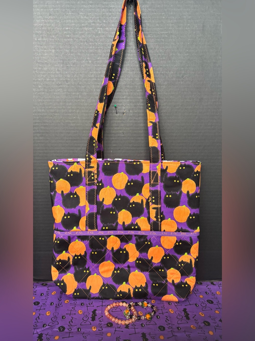 Halloween Scary Kitty & Pumpkin Shoulder Tote Bag W/Bracelet Set Bundle